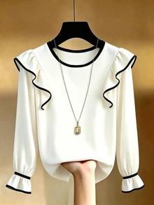 SHEIN Franclia Women's Street Style Korean Ruffle Trim Contrast Color Round Neck Blouse - White - View 1