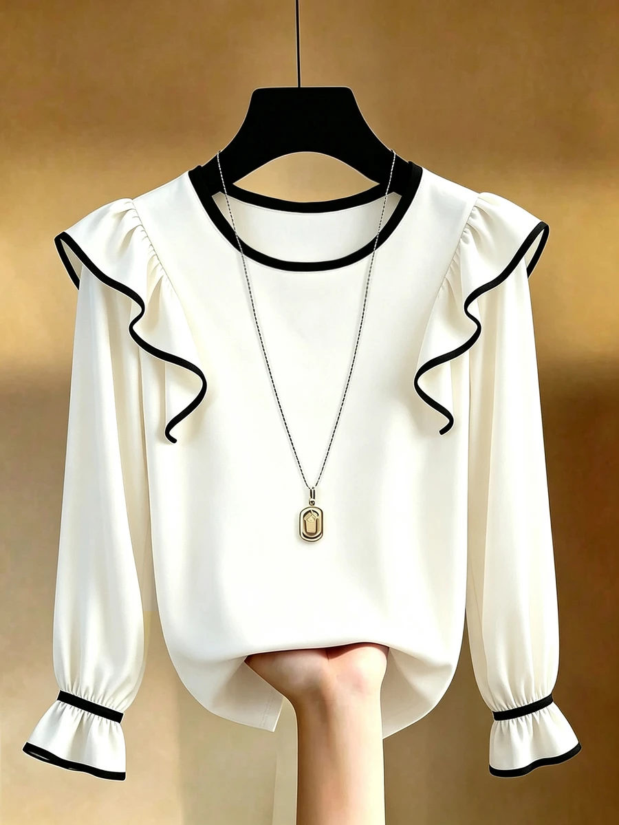 SHEIN Franclia Women's Street Style Korean Ruffle Trim Contrast Color Round Neck Blouse - White - View 1