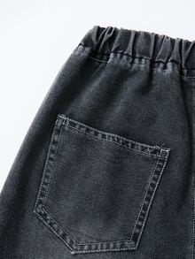 SHEIN 青少年女孩寬鬆直筒牛仔褲，假抽繩腰部設計，黑色水洗丹寧，貓鬚效果，休閒街頭風，開學季舞會穿搭 - 黑色 - 查看 4