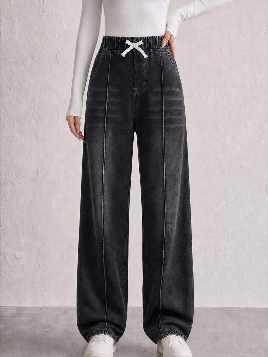 SHEIN Quần jean ống suông rộng cho nữ teen, thiết kế cạp giả dây rút, denim đen wash hiệu ứng râu mèo, phong cách streetwear thường ngày, đi học và dự tiệc prom - màu đen - Xem 1