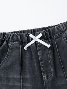 SHEIN 青少年女孩寬鬆直筒牛仔褲，假抽繩腰部設計，黑色水洗丹寧，貓鬚效果，休閒街頭風，開學季舞會穿搭 - 黑色 - 查看 3