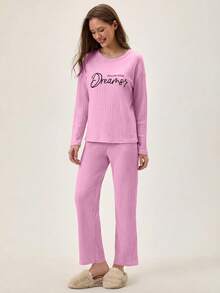 Loomlin 100%Cotton Letter Graphic Ribbed Knit Lounge Set - Pink - View 6