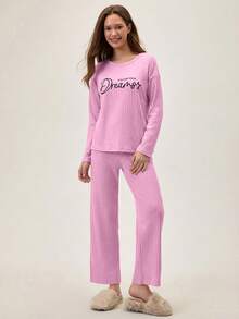 Loomlin 100%Cotton Letter Graphic Ribbed Knit Lounge Set - Pink - View 4