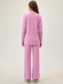 Loomlin 100%Cotton Letter Graphic Ribbed Knit Lounge Set - Pink - View 3