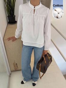 Serisse Blus Lengan Mengembang dengan Hiasan Rumbai dan Tali Leher Polos - Putih - View 4