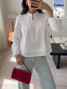 Serisse Blus Lengan Mengembang dengan Hiasan Rumbai dan Tali Leher Polos - Putih - View 8