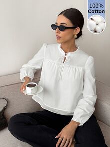 Serisse Blus Lengan Mengembang dengan Hiasan Rumbai dan Tali Leher Polos - Putih - View 6