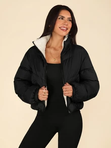 Coeurva Women Zipper Long Sleeve Fashionable Winter Cold-Proof Jacket - Black - View 3