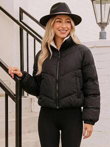 Coeurva Women Zipper Long Sleeve Fashionable Winter Cold-Proof Jacket - Black - View 2