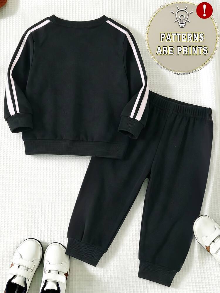 2pcs Baby Boys Sweatshirt Sets Sporty Black White Striped Horse Print Long Sleeve Rib-Knit Crew Neck Fall School Cute Outfits - Multicolor - View 2