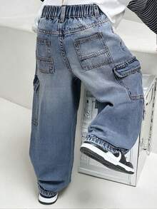 Coolqubz Denimly Tween Boy 休闲日常都市街头风格印花松紧腰拉链口袋工装裤 - 中等水洗藍 - 查看 3