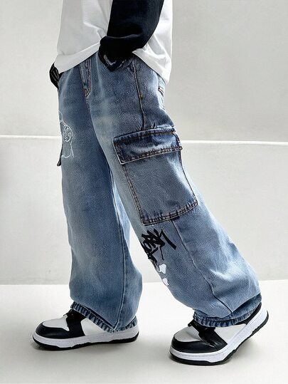 Coolqubz Pantalon cargo pour garçon pré-ado, style casual urbain de tous les jours, avec imprimé, taille élastique et poches zippées