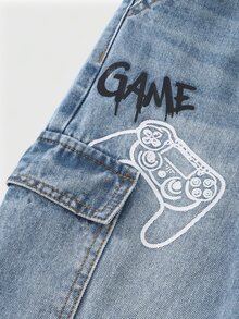 Coolqubz Denimly Tween Boy 休闲日常都市街头风格印花松紧腰拉链口袋工装裤 - 中等水洗藍 - 查看 6