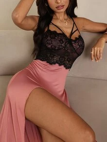 HautHeat Sexy Lace Patchwork Slit Nightgown For Women - Dusty Pink - View 4