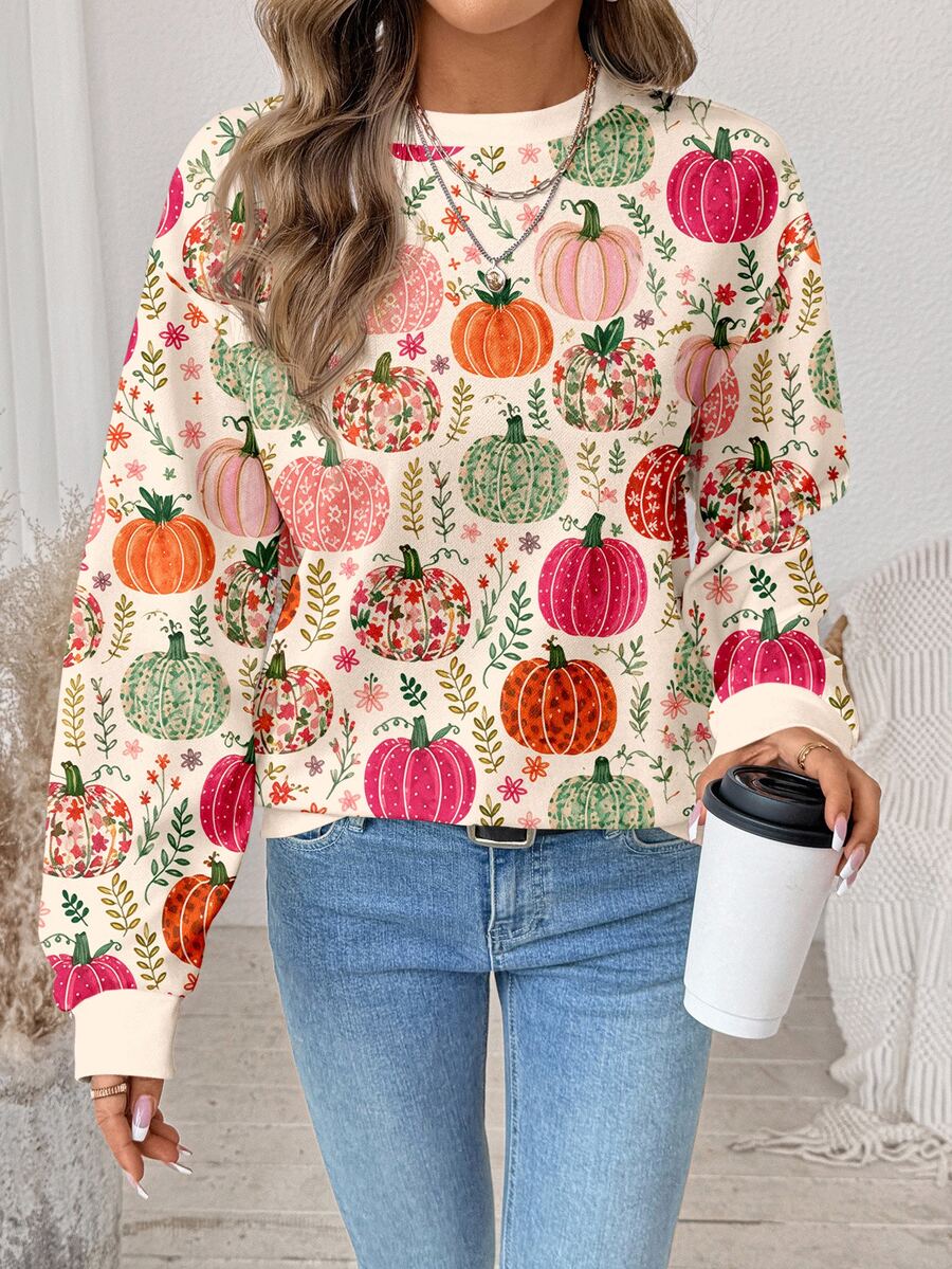 SHEIN LUNE بلوزة نسائية بطبعة اليقطين لعيد الهالوين بأكمام طويلة وياقة دائرية، خريف/شتاء - أبيض - مشاهدة 1