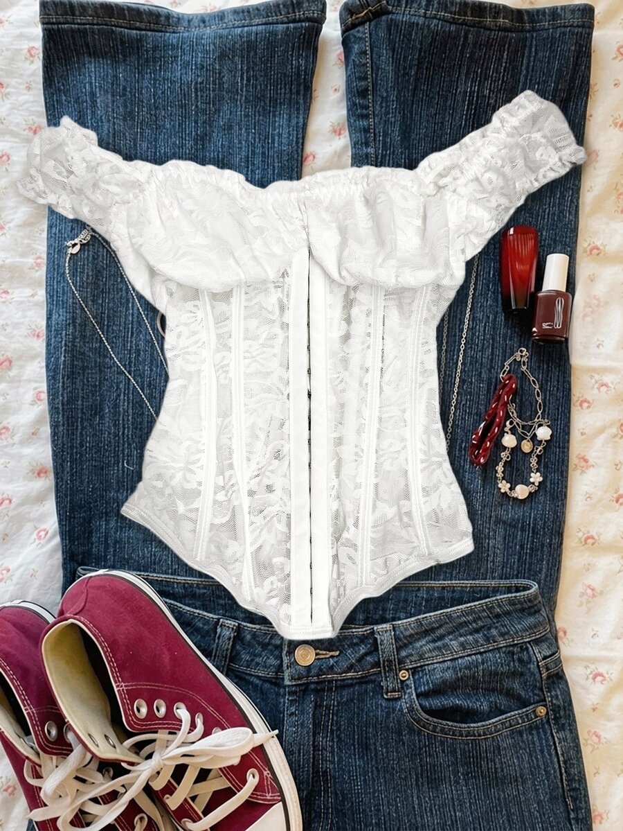 Attitoon Women's Lace Trim Off-Shoulder Casual Versatile Daily Wear Top - White - View 1