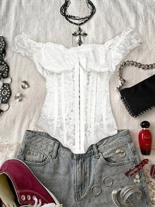Attitoon Women's Lace Trim Off-Shoulder Casual Versatile Daily Wear Top - White - View 5