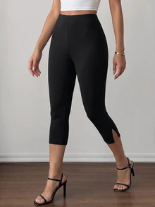 SHEIN Tall 女款純黑色夏季休閒夜出健身修身開衩七分緊身褲，純色運動褲，商務女性，老錢風 - 黑色 - 查看 2