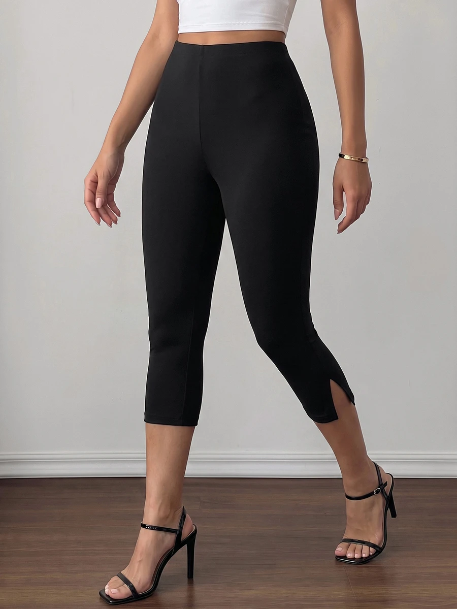 SHEIN Tall 女款純黑色夏季休閒夜出健身修身開衩七分緊身褲，純色運動褲，商務女性，老錢風