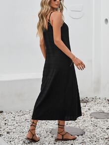 Brillora Solid Color Woven Spaghetti Strap Textured Fabric Midi Dress, Great For Vacation - Black - View 3