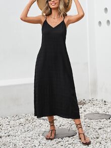 Brillora Solid Color Woven Spaghetti Strap Textured Fabric Midi Dress, Great For Vacation - Black - View 4
