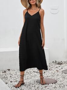 Brillora Solid Color Woven Spaghetti Strap Textured Fabric Midi Dress, Great For Vacation - Black - View 7
