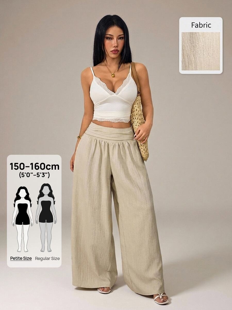 SHEIN PETITE 女款夏季休閒度假米色寬鬆紋理寬腿褲,度假穿搭,秋季女裝,夏季度假 - 米色 - 查看 1