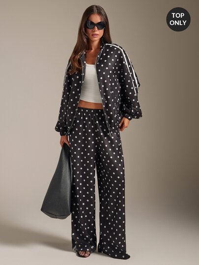 Athîral Women's Casual Stand Up Collar Long Sleeved Polka Dot Printed Loose Jacket, Daily Casual Cool Street Sports Jacket, Gym Outfit, Women's Fitness Clothi