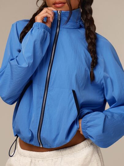 Athîral Women's Casual Loose Long Sleeved Stand Up Collar Solid Color Blue Jacket, Suitable For Daily Wear, Dating, Sports, Outdoor, Gym, Jogging Sports Jacke