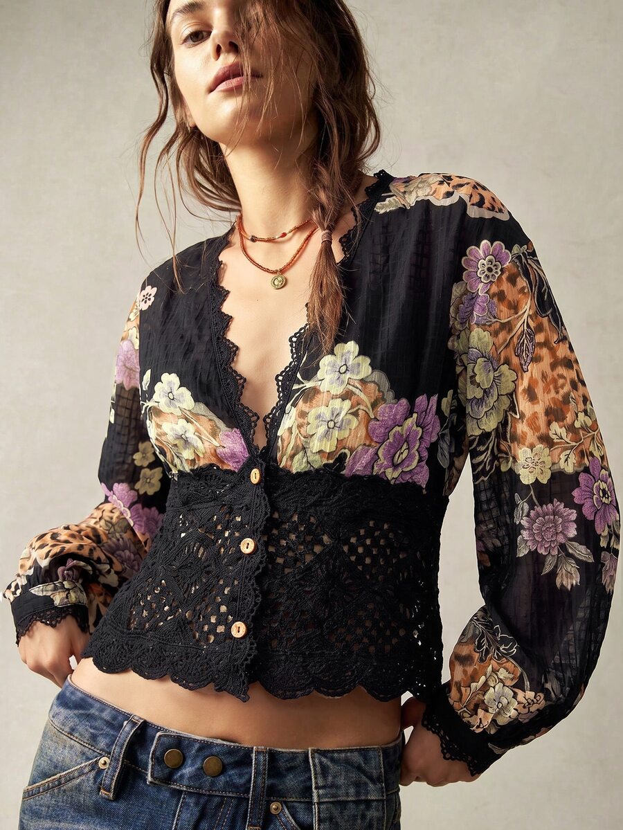 Bohemela Women's V-Neck Lace Patchwork Floral Print Casual Daily Blouse - Black - View 1