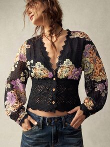 Bohemela Women's V-Neck Lace Patchwork Floral Print Casual Daily Blouse - Black - View 6