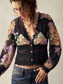 Bohemela Women's V-Neck Lace Patchwork Floral Print Casual Daily Blouse - Black - View 2