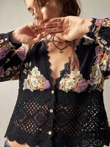 Bohemela Women's V-Neck Lace Patchwork Floral Print Casual Daily Blouse - Black - View 8
