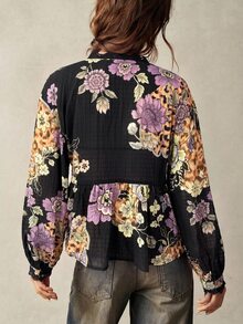 Bohemela Women's V-Neck Lace Patchwork Floral Print Casual Daily Blouse - Black - View 7