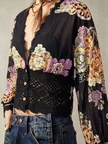Bohemela Women's V-Neck Lace Patchwork Floral Print Casual Daily Blouse - Black - View 5