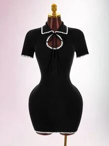 Amplova Women's Contrast Trim Casual Daily Summer Knit Dress - Black and White - View 8