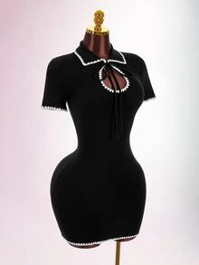 Amplova Women's Contrast Trim Casual Daily Summer Knit Dress - Black and White - View 12