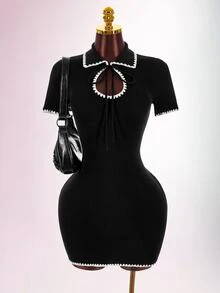 Amplova Women's Contrast Trim Casual Daily Summer Knit Dress - Black and White - View 6