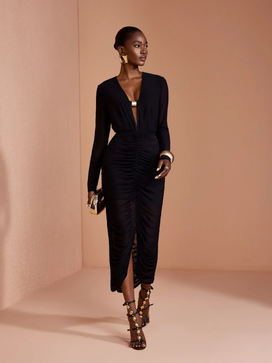 JIAN LASALA Mesh Long Sleeve V Neckline Ruched Maxi Dress Party Vacation - Black - View 1