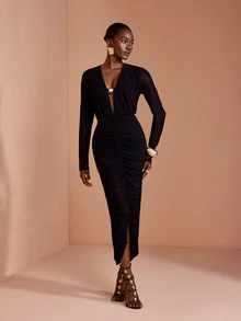 JIAN LASALA Mesh Long Sleeve V Neckline Ruched Maxi Dress Party Vacation - Black - View 4