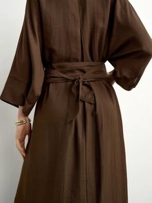 Aalyst Women's V-Neck Dolman Sleeve 3/4 Adjustable Cuff Half Placket Loose Fit Waist Tie Mid-Length Dark Brown Dress Everyday Party Fall Elegant - Coffee Brown - View 4