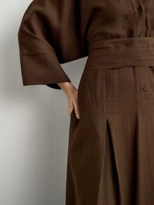 Aalyst Women's V-Neck Dolman Sleeve 3/4 Adjustable Cuff Half Placket Loose Fit Waist Tie Mid-Length Dark Brown Dress Everyday Party Fall Elegant - Coffee Brown - View 7