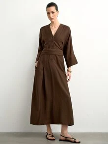 Aalyst Women's V-Neck Dolman Sleeve 3/4 Adjustable Cuff Half Placket Loose Fit Waist Tie Mid-Length Dark Brown Dress Everyday Party Fall Elegant - Coffee Brown - View 5