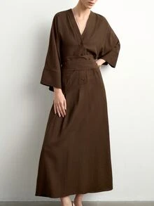 Aalyst Women's V-Neck Dolman Sleeve 3/4 Adjustable Cuff Half Placket Loose Fit Waist Tie Mid-Length Dark Brown Dress Everyday Party Fall Elegant - Coffee Brown - View 2