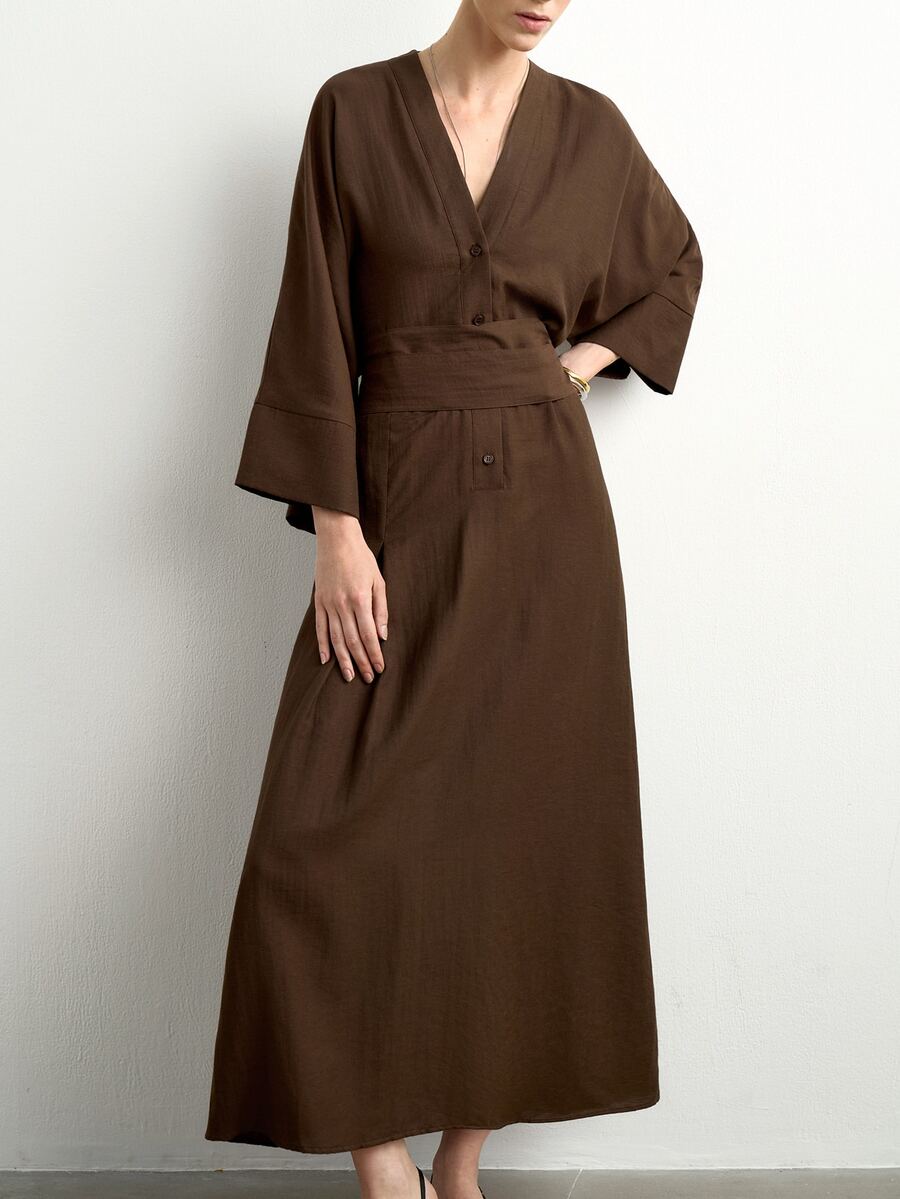Aalyst Women's V-Neck Dolman Sleeve 3/4 Adjustable Cuff Half Placket Loose Fit Waist Tie Mid-Length Dark Brown Dress Everyday Party Fall Elegant