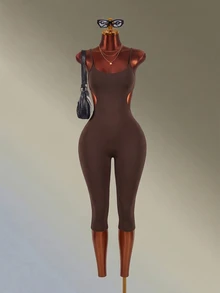 Amplova Women's Black & Brown Spaghetti Strap Backless 7/8 Length Sports Jumpsuit - Brown - View 4