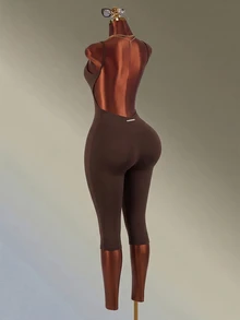 Amplova Women's Black & Brown Spaghetti Strap Backless 7/8 Length Sports Jumpsuit - Brown - View 3