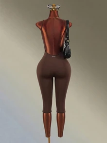 Amplova Women's Black & Brown Spaghetti Strap Backless 7/8 Length Sports Jumpsuit - Brown - View 8