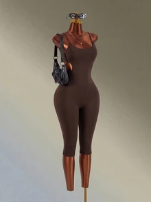 Amplova Women's Black & Brown Spaghetti Strap Backless 7/8 Length Sports Jumpsuit - Brown - View 5