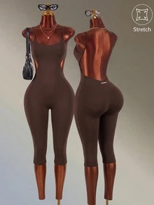 Amplova Women's Black & Brown Spaghetti Strap Backless 7/8 Length Sports Jumpsuit - Brown - View 1